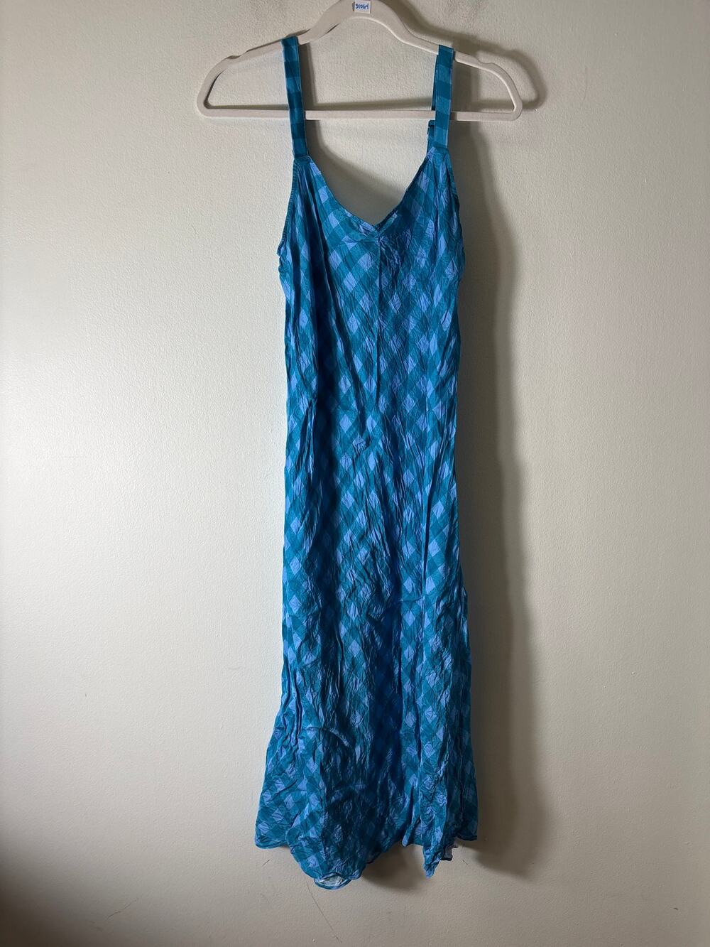 J. Crew Teal and Blue Gingham Bias Cut Midi Dress Sz 12